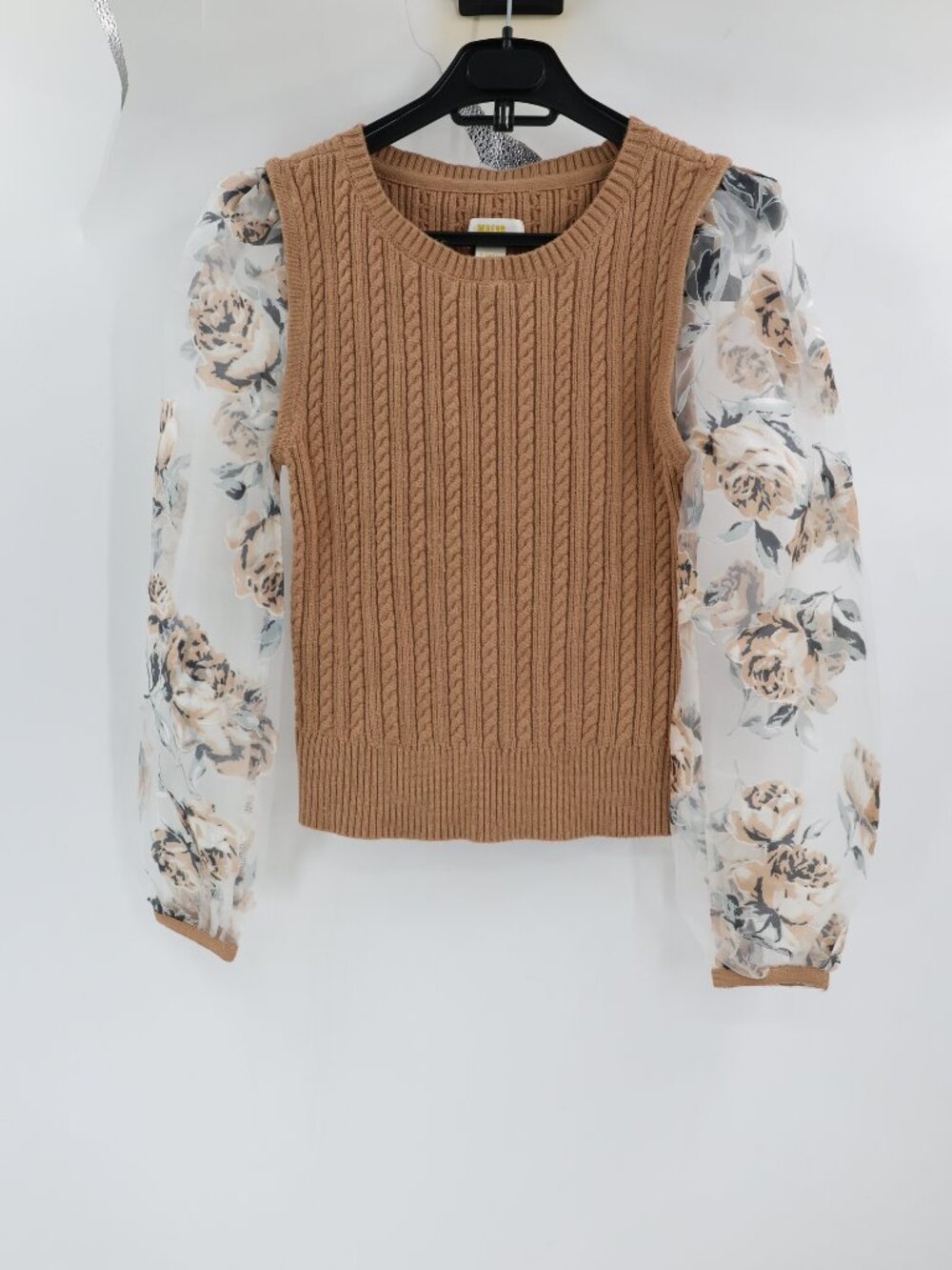Maeve Sweater Womens XS Cable Knit Crew Neck Contrast Sheer Floral Long Sleeve
